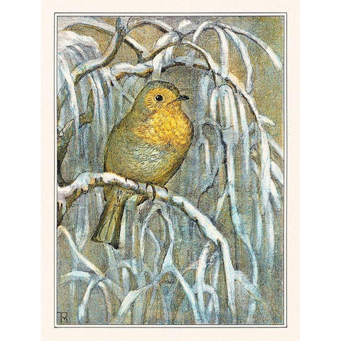 Robin on snowy tree branch Gold Ornate Wood Framed Art Print with Double Matting by Hoytema, Theo van