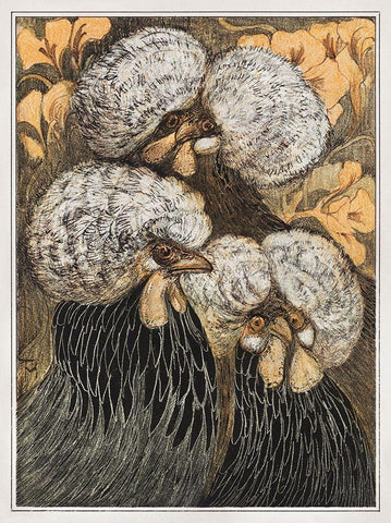 Three crested chickens Black Ornate Wood Framed Art Print with Double Matting by Hoytema, Theo van