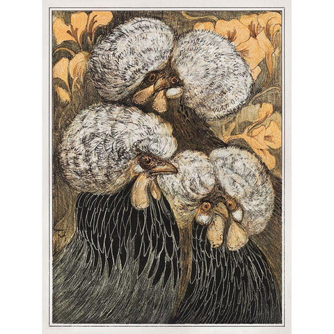 Three crested chickens Gold Ornate Wood Framed Art Print with Double Matting by Hoytema, Theo van