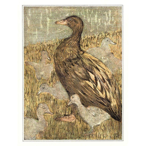 Duck with chicks at waterfront White Modern Wood Framed Art Print by Hoytema, Theo van