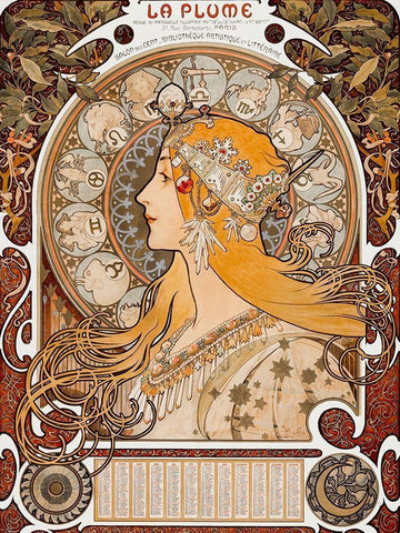 Zodiaque or La Plume White Modern Wood Framed Art Print with Double Matting by Mucha, Alphonse