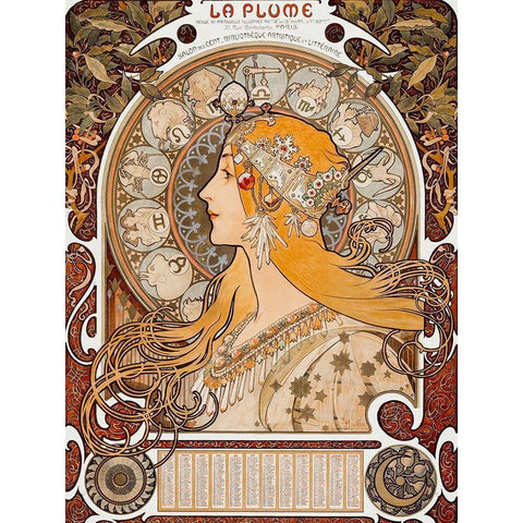 Zodiaque or La Plume White Modern Wood Framed Art Print by Mucha, Alphonse