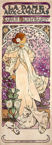 La dame-aux camelias-Sarah Bernhardt White Modern Wood Framed Art Print with Double Matting by Mucha, Alphonse