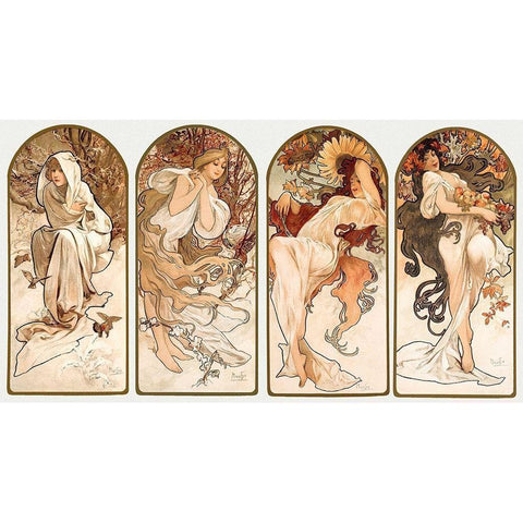 The Seasons Gold Ornate Wood Framed Art Print with Double Matting by Mucha, Alphonse