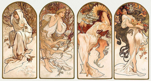 The Seasons White Modern Wood Framed Art Print with Double Matting by Mucha, Alphonse