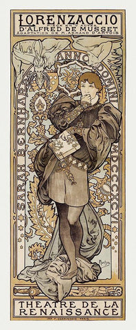 Theatre de La Renaissance White Modern Wood Framed Art Print with Double Matting by Mucha, Alphonse