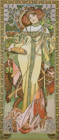 Autumn Black Ornate Wood Framed Art Print with Double Matting by Mucha, Alphonse