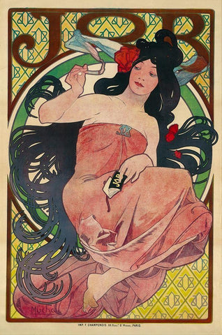 Job 1894 White Modern Wood Framed Art Print with Double Matting by Mucha, Alphonse