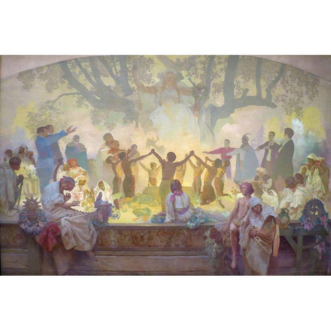 The Oath of Omladina Under the Slavic Linden Tree Black Modern Wood Framed Art Print with Double Matting by Mucha, Alphonse