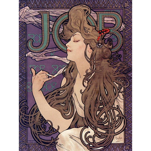 Advertisement for Job cigarettes Black Modern Wood Framed Art Print with Double Matting by Mucha, Alphonse