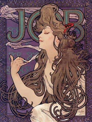 Advertisement for Job cigarettes Black Ornate Wood Framed Art Print with Double Matting by Mucha, Alphonse