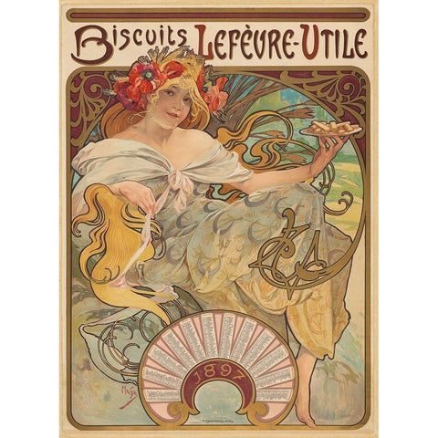 Biscuits LefÃ¨vre-Utile Gold Ornate Wood Framed Art Print with Double Matting by Mucha, Alphonse