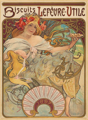 Biscuits LefÃ¨vre-Utile White Modern Wood Framed Art Print with Double Matting by Mucha, Alphonse
