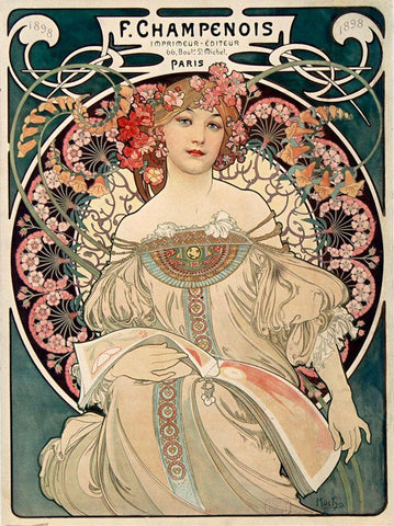 Champenois Imprimeur Black Ornate Wood Framed Art Print with Double Matting by Mucha, Alphonse