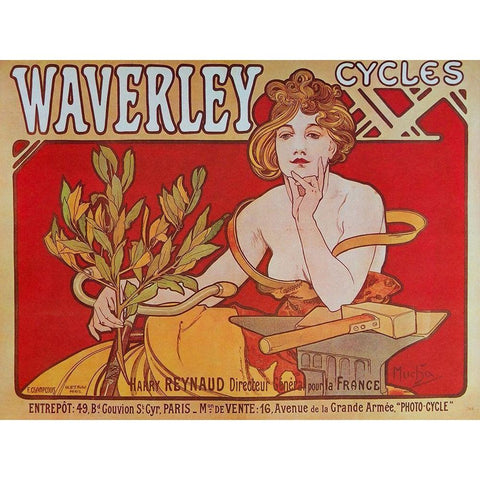 Cycles Waverley Gold Ornate Wood Framed Art Print with Double Matting by Mucha, Alphonse