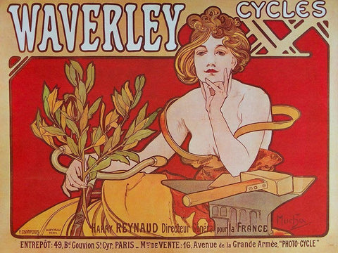 Cycles Waverley White Modern Wood Framed Art Print with Double Matting by Mucha, Alphonse