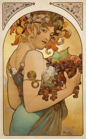 Fruit Black Ornate Wood Framed Art Print with Double Matting by Mucha, Alphonse