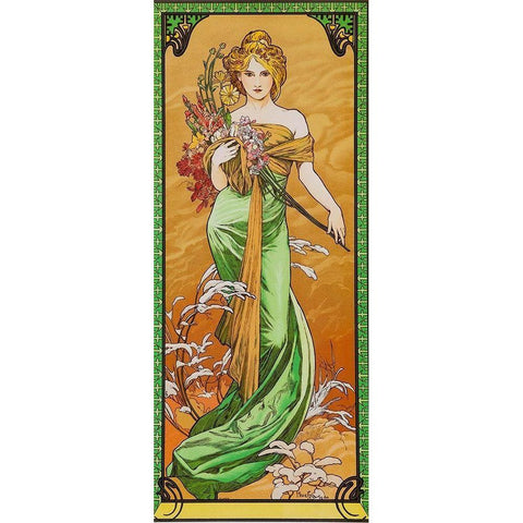 Spring Black Modern Wood Framed Art Print with Double Matting by Mucha, Alphonse