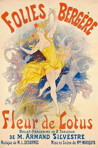 Folies BergÃ¨re,Â Fleur de Lotus Black Ornate Wood Framed Art Print with Double Matting by Cheret, Jules