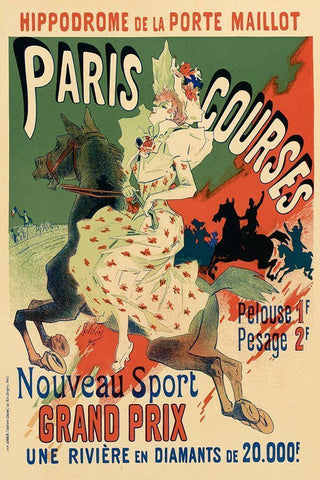 Paris Courses Black Ornate Wood Framed Art Print with Double Matting by Cheret, Jules