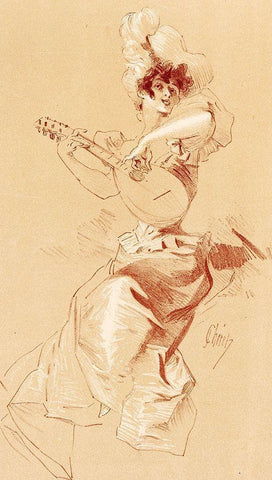 Dessin originel 1895 Lady with Guitar Black Ornate Wood Framed Art Print with Double Matting by Cheret, Jules