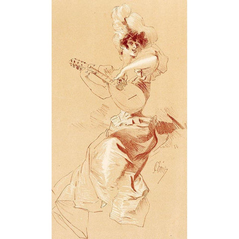 Dessin originel 1895 Lady with Guitar Black Modern Wood Framed Art Print with Double Matting by Cheret, Jules
