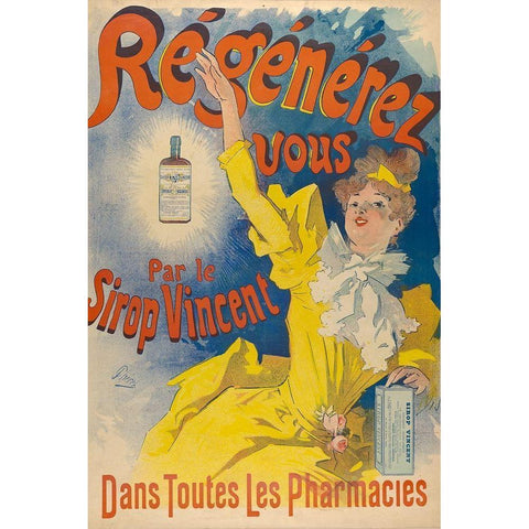 Sirop Vincent 1893 Gold Ornate Wood Framed Art Print with Double Matting by Cheret, Jules