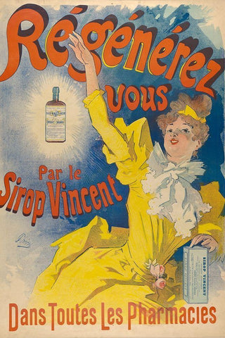 Sirop Vincent 1893 Black Ornate Wood Framed Art Print with Double Matting by Cheret, Jules