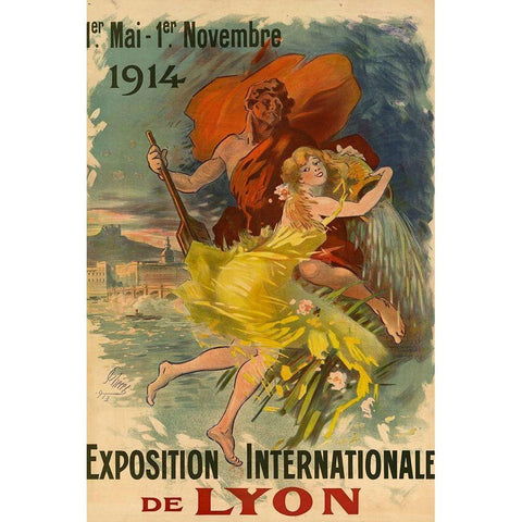 Exposition internationale de Lyon Gold Ornate Wood Framed Art Print with Double Matting by Cheret, Jules