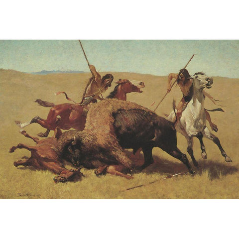 The Buffalo Hunt Gold Ornate Wood Framed Art Print with Double Matting by Remington, Frederic