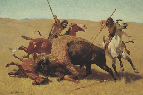 The Buffalo Hunt White Modern Wood Framed Art Print with Double Matting by Remington, Frederic