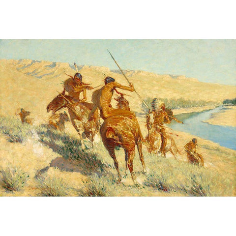 Episode of the Buffalo Gun White Modern Wood Framed Art Print by Remington, Frederic