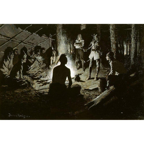 French Explorers Council with the Indians White Modern Wood Framed Art Print by Remington, Frederic