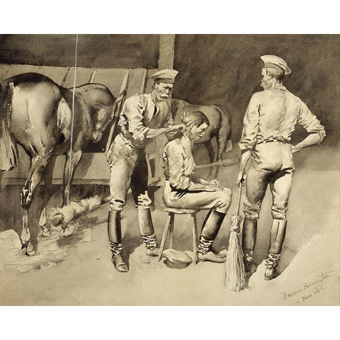 A Haircut in a Cavalry Stable Black Modern Wood Framed Art Print with Double Matting by Remington, Frederic