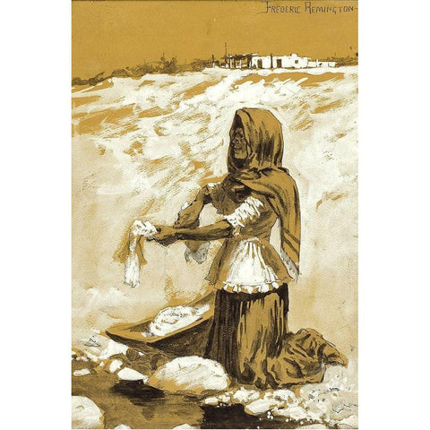 Mexican Woman Washing-1890 White Modern Wood Framed Art Print by Remington, Frederic