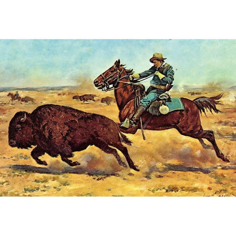 U.S. Cavalry Hunting Buffalo Gold Ornate Wood Framed Art Print with Double Matting by Shreyvogel, Charles