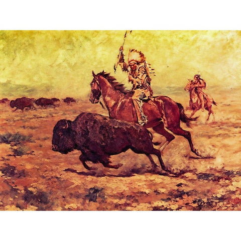 Doomed - Indian Hunting Buffalo Black Modern Wood Framed Art Print by Shreyvogel, Charles