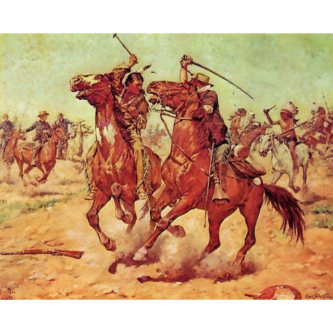 The Duel - Tomahawk and Sabre Gold Ornate Wood Framed Art Print with Double Matting by Shreyvogel, Charles