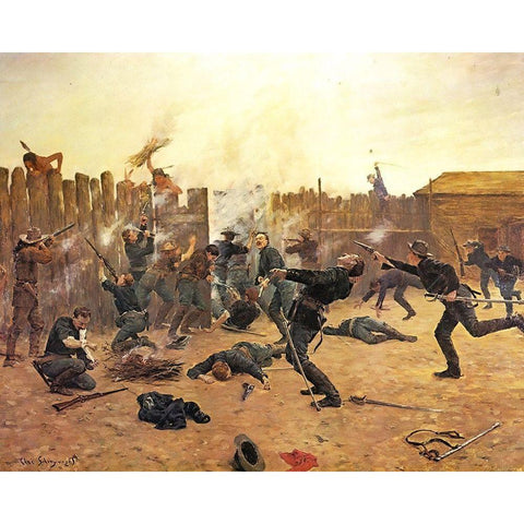 Defending the Stockade Gold Ornate Wood Framed Art Print with Double Matting by Shreyvogel, Charles