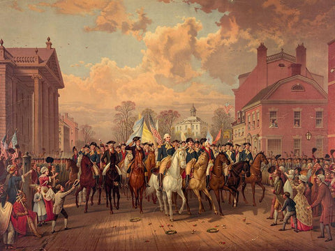 Washington reclaiming New York on Evacuation Day Nov 25th 1783 White Modern Wood Framed Art Print with Double Matting by Historical Print