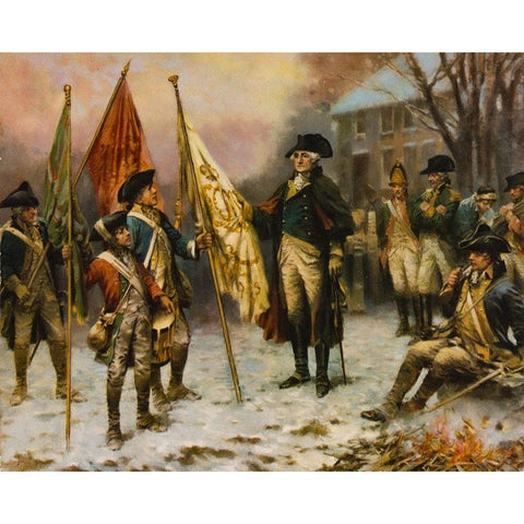 Washington inspecting the captured colors after the battle of Trenton Black Modern Wood Framed Art Print with Double Matting by Moran, Percy