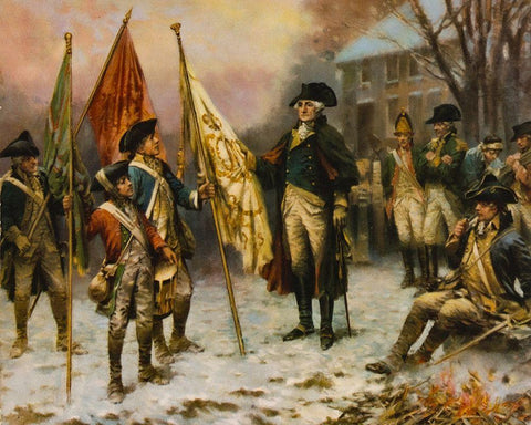 Washington inspecting the captured colors after the battle of Trenton Black Ornate Wood Framed Art Print with Double Matting by Moran, Percy