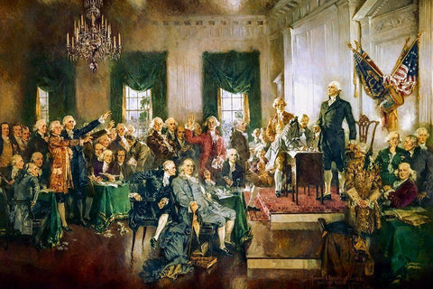 Scene at the Signing of the Constitution of the United States White Modern Wood Framed Art Print with Double Matting by Christy, Howard Chandler
