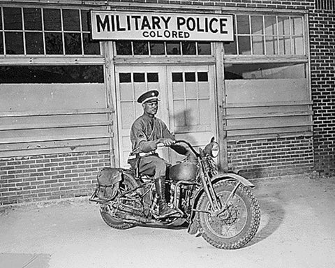 WWII An MP on motorcycle stands ready to answer all calls around his area. Columbus-Georgia White Modern Wood Framed Art Print with Double Matting by U.S. Archives