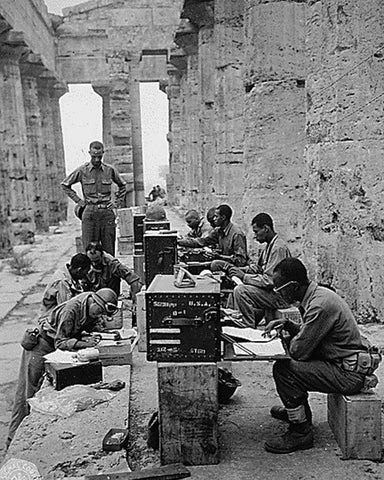 WWII 480th Port Battalion Set Up Between the Columns of the Ancient Greek Temple of Neptune White Modern Wood Framed Art Print with Double Matting by U.S. Archives