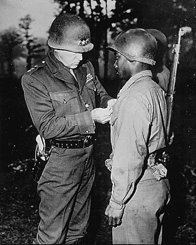 WWII Lt. Gen. George S. Patton-U.S. Third Army commander-pins the Silver Star on Private Ernest A. J White Modern Wood Framed Art Print with Double Matting by U.S. Archives