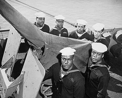WWII A Navy gun crew who were all awarded the Navy Cross White Modern Wood Framed Art Print with Double Matting by U.S. Archives