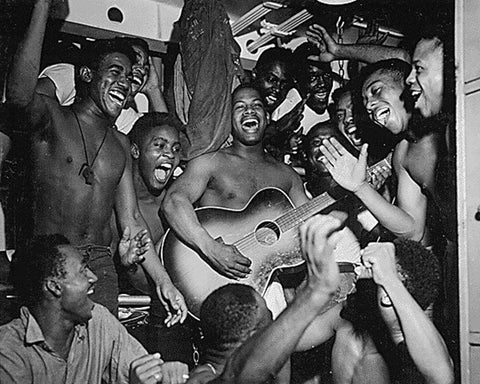 WWII men aboard the U.S.S. Ticonderoga hear the news of Japans surrender White Modern Wood Framed Art Print with Double Matting by U.S. Archives