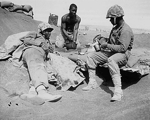 WWII Marines on the beach at Iwo Jima White Modern Wood Framed Art Print with Double Matting by U.S. Archives