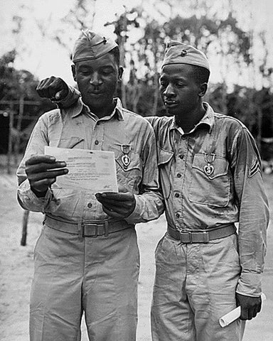 WWII Marines decorated by the famed Second Marine Division White Modern Wood Framed Art Print with Double Matting by U.S. Archives